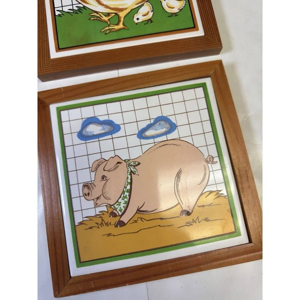 Ceramic Hen & Pig Wall Art Set 7x7 Farmhouse Country Kitchen Vintage